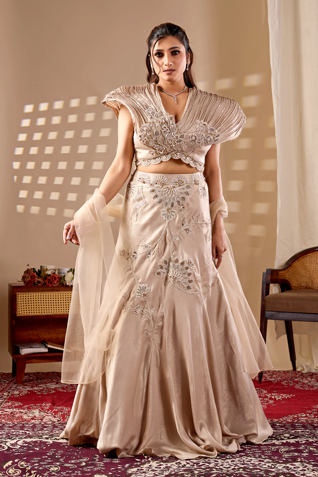 Champagne Beige Designer Lehenga Set with Embellished Blouse & Dupatta AMRUT Champagne Beige Designer Lehenga Set with Embellished Blouse & Dupatta AMRUT