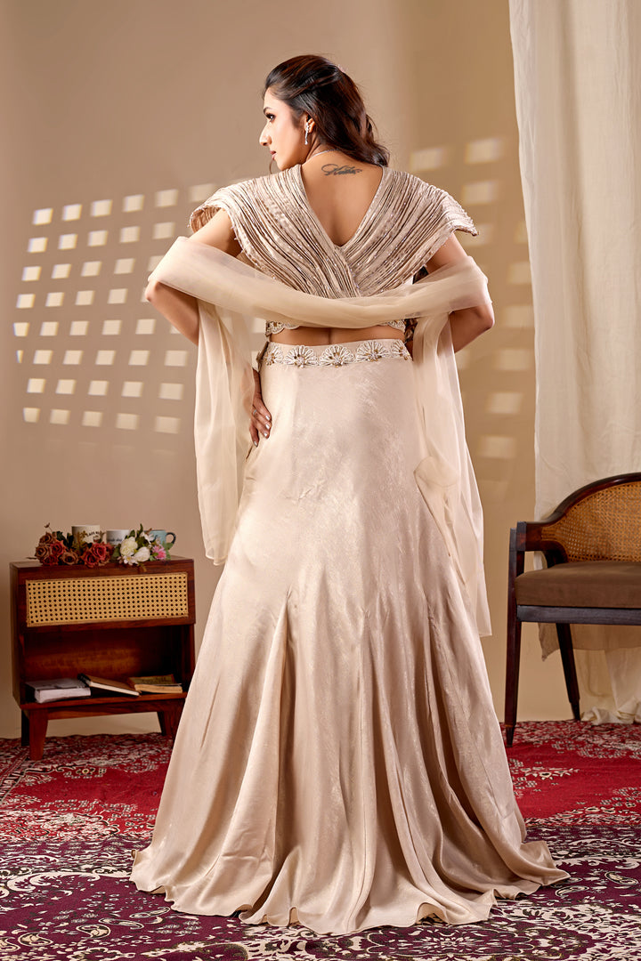 Champagne Beige Designer Lehenga Set with Embellished Blouse & Dupatta