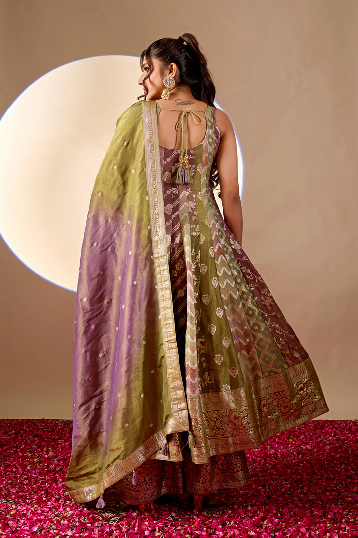 Olive Green & Mauve Banarasi Anarkali Palazzo Set with Dupatta