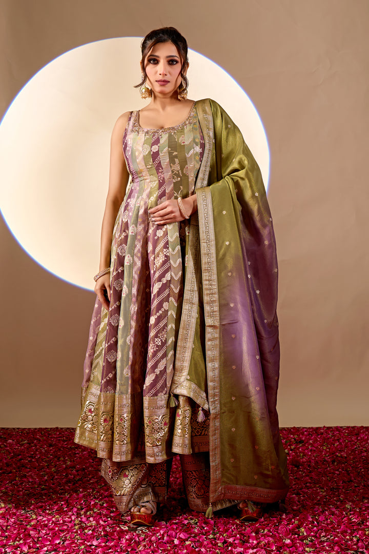 Olive Green & Mauve Banarasi Anarkali Palazzo Set with Dupatta