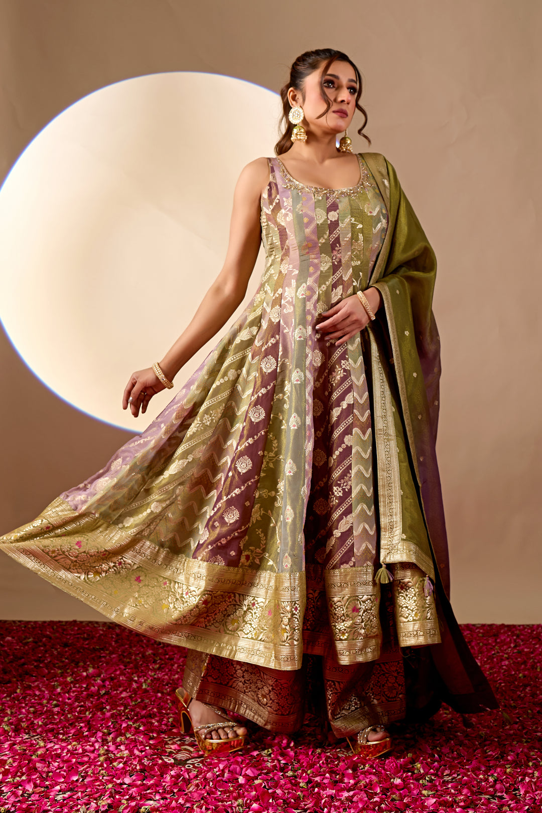 Olive Green & Mauve Banarasi Anarkali Palazzo Set with Dupatta