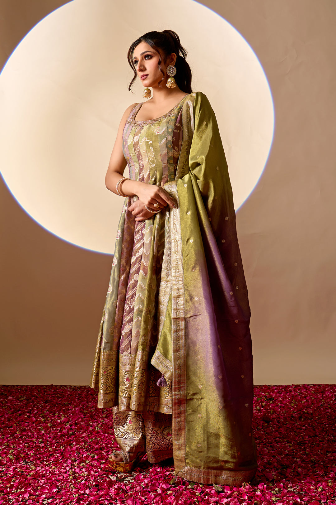 Olive Green & Mauve Banarasi Anarkali Palazzo Set with Dupatta