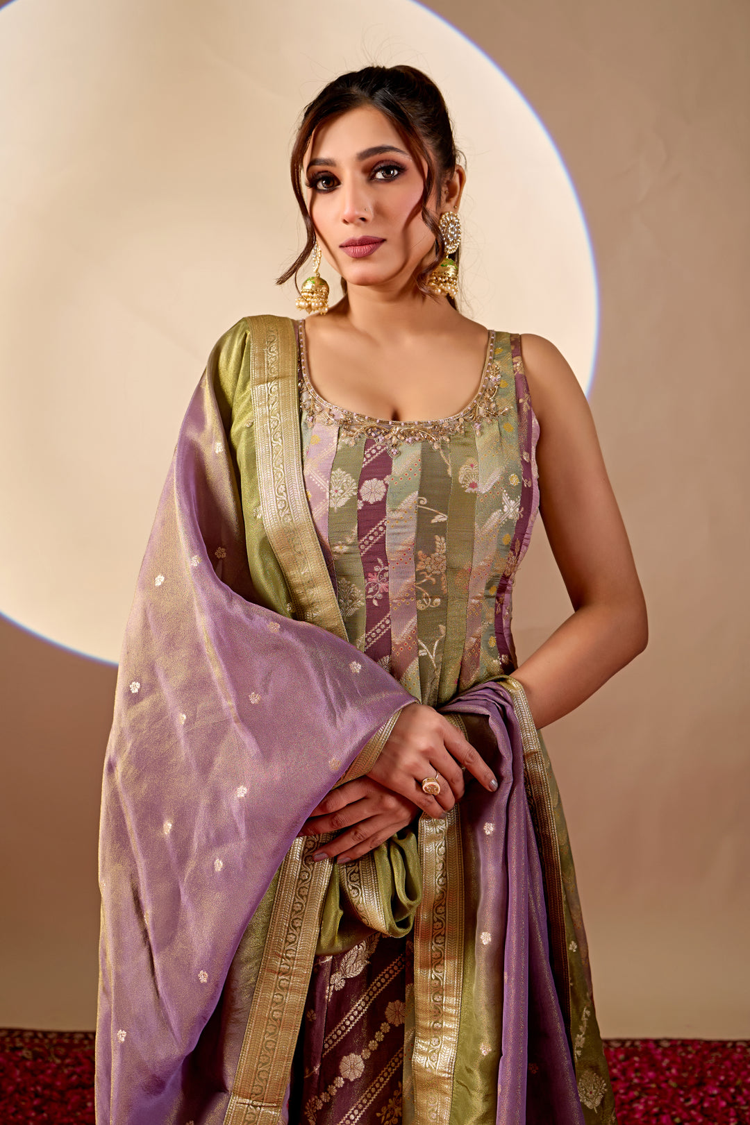 Olive Green & Mauve Banarasi Anarkali Palazzo Set with Dupatta