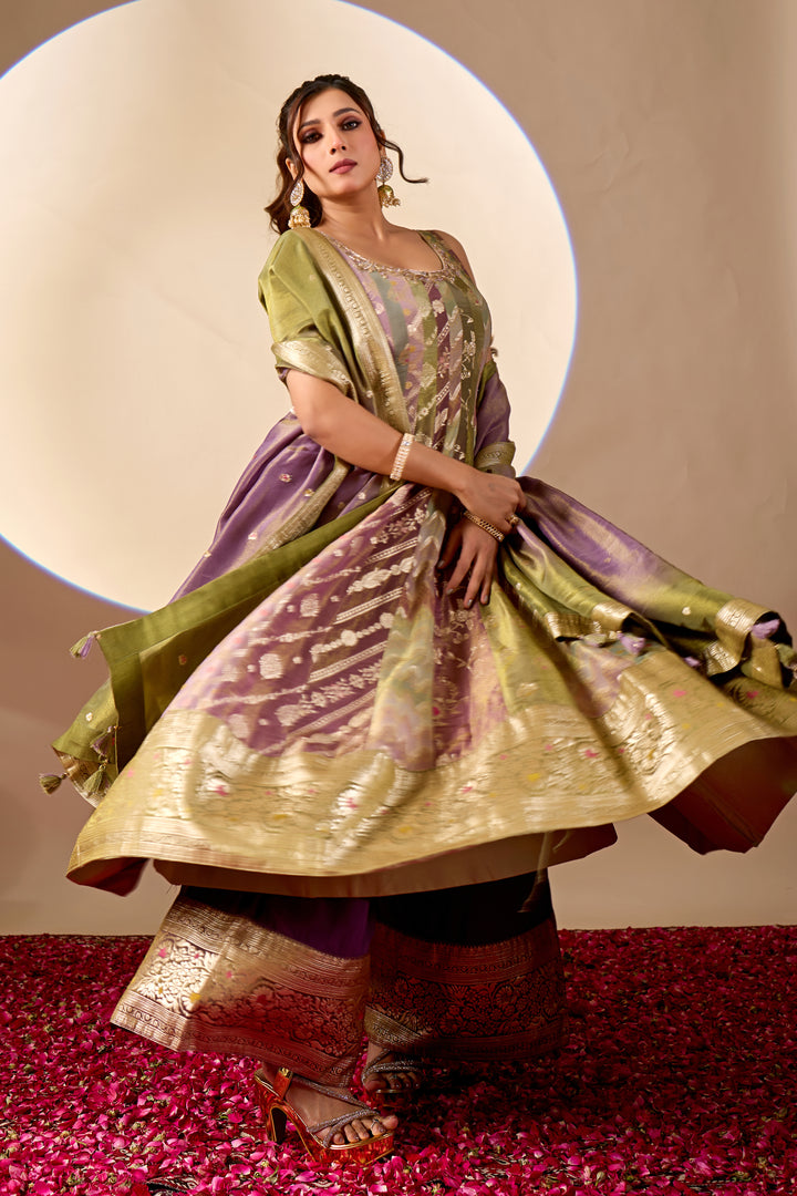 Olive Green & Mauve Banarasi Anarkali Palazzo Set with Dupatta