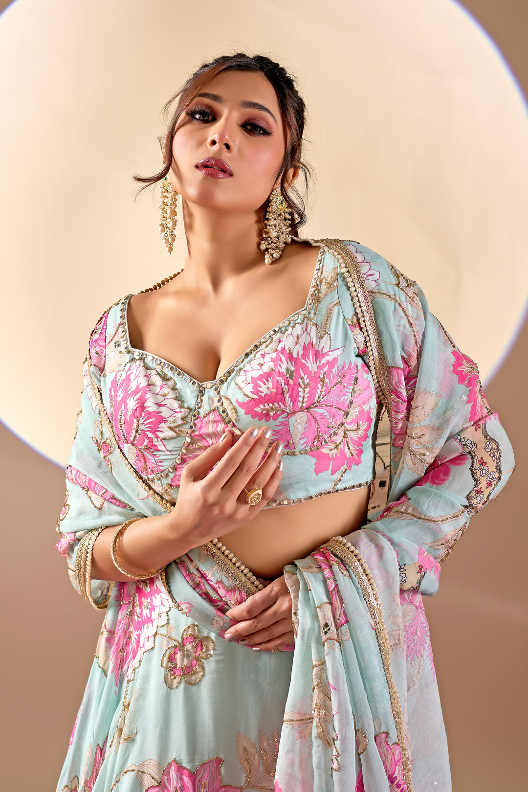 Pastel Blue Floral Printed Lehenga Set with Dupatta