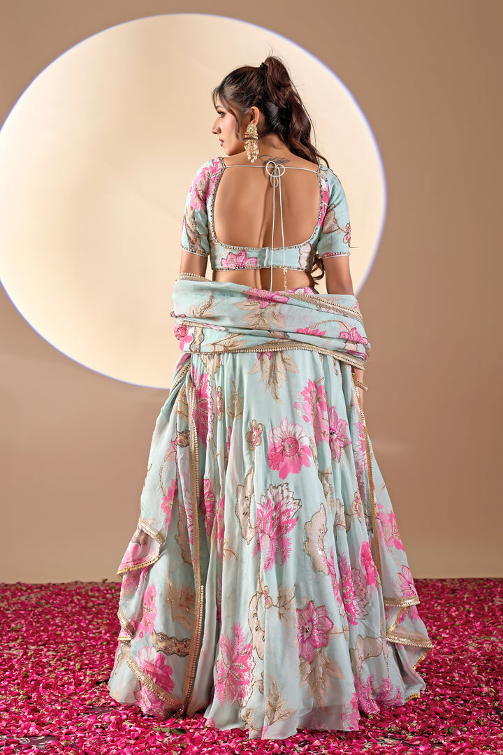 Pastel Blue Floral Printed Lehenga Set with Dupatta