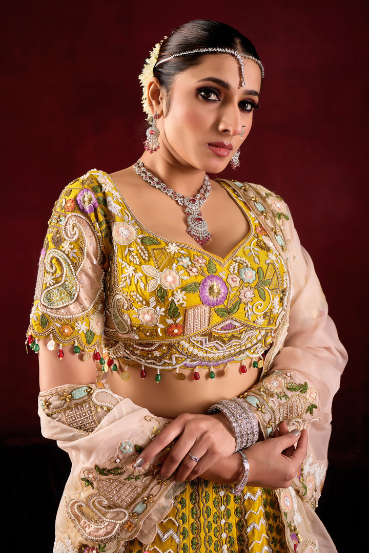 Mustard Yellow Bridal Lehenga Set with Embroidered Dupatta