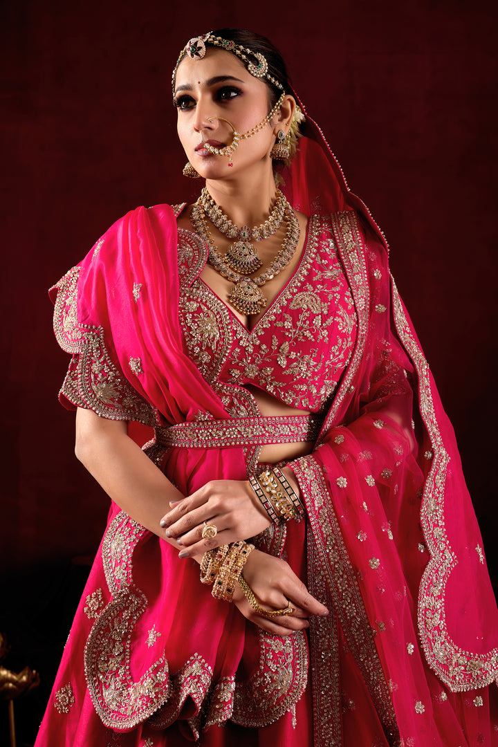 Hot Pink Designer Bridal Lehenga Set with Embroidered Dupatta