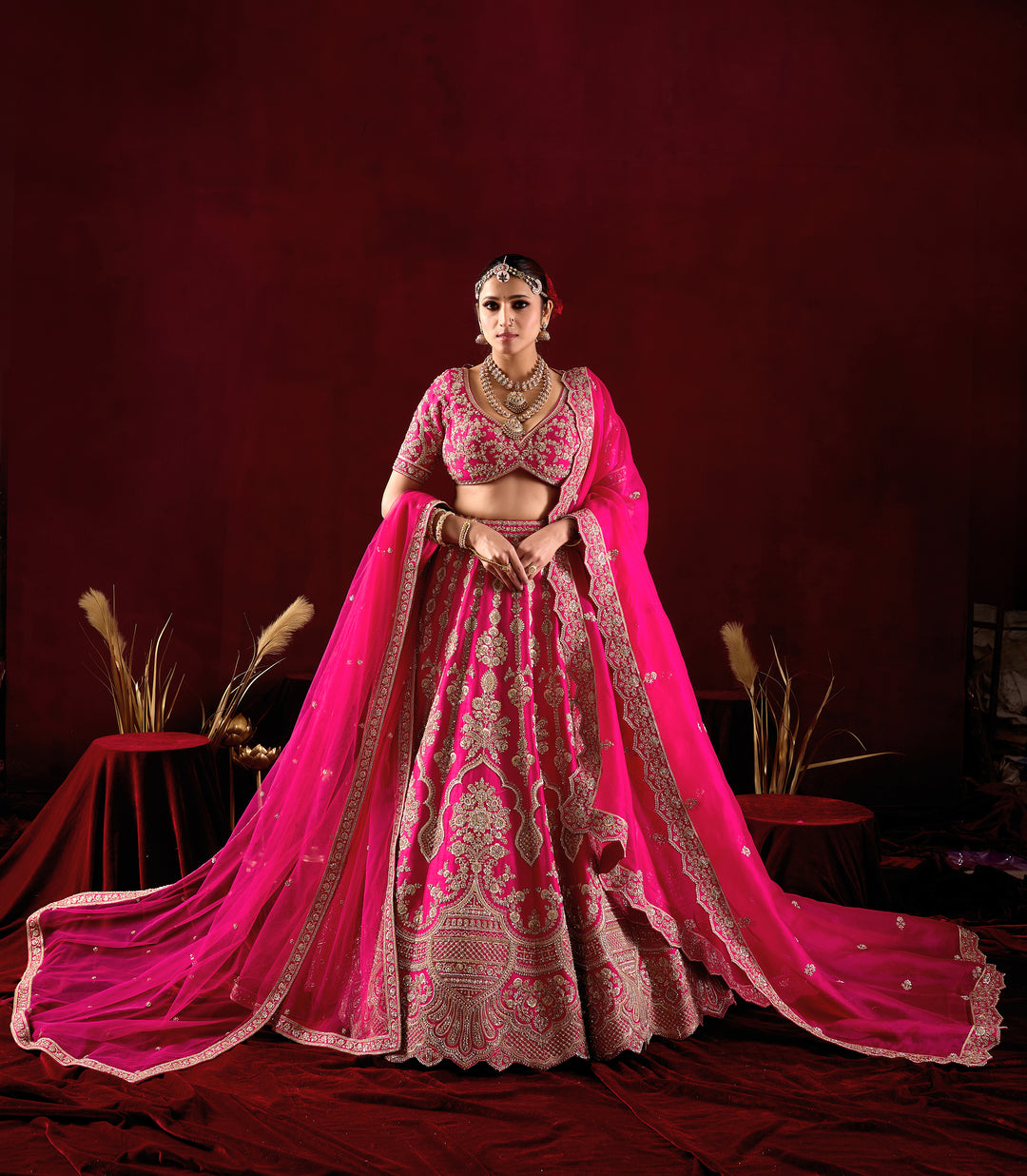 Hot Pink Bridal Lehenga Set with Royal Heavy Embroidery & Long Dupatta