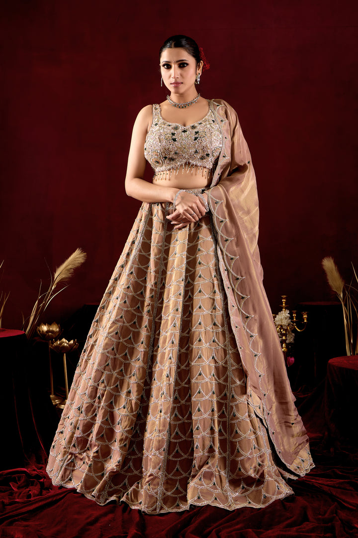 Champagne Gold Designer Lehenga Set with Crystal Embroidered Blouse & Dupatta