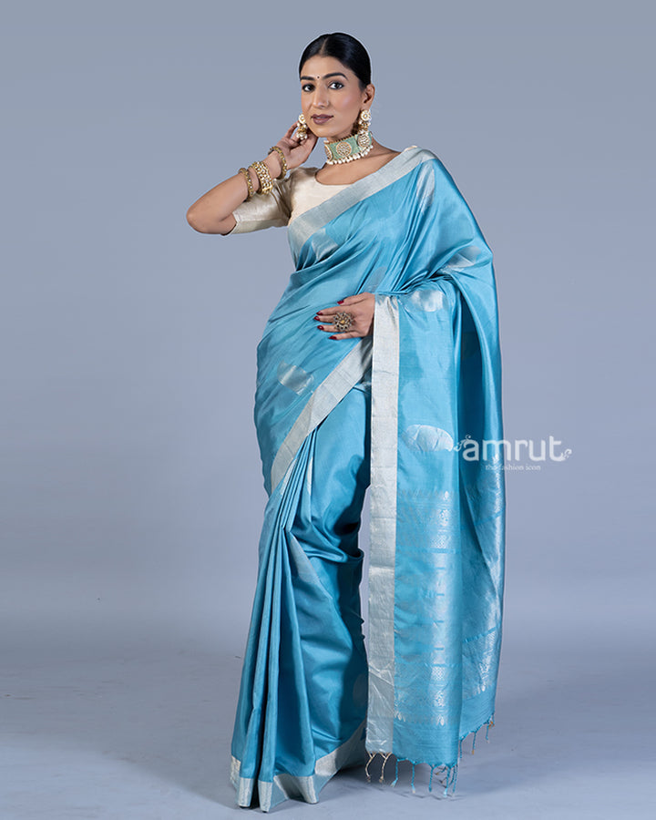 Blue with Silver Zari Woven Border and Floral Motifs Saree with Unstitched Blouse