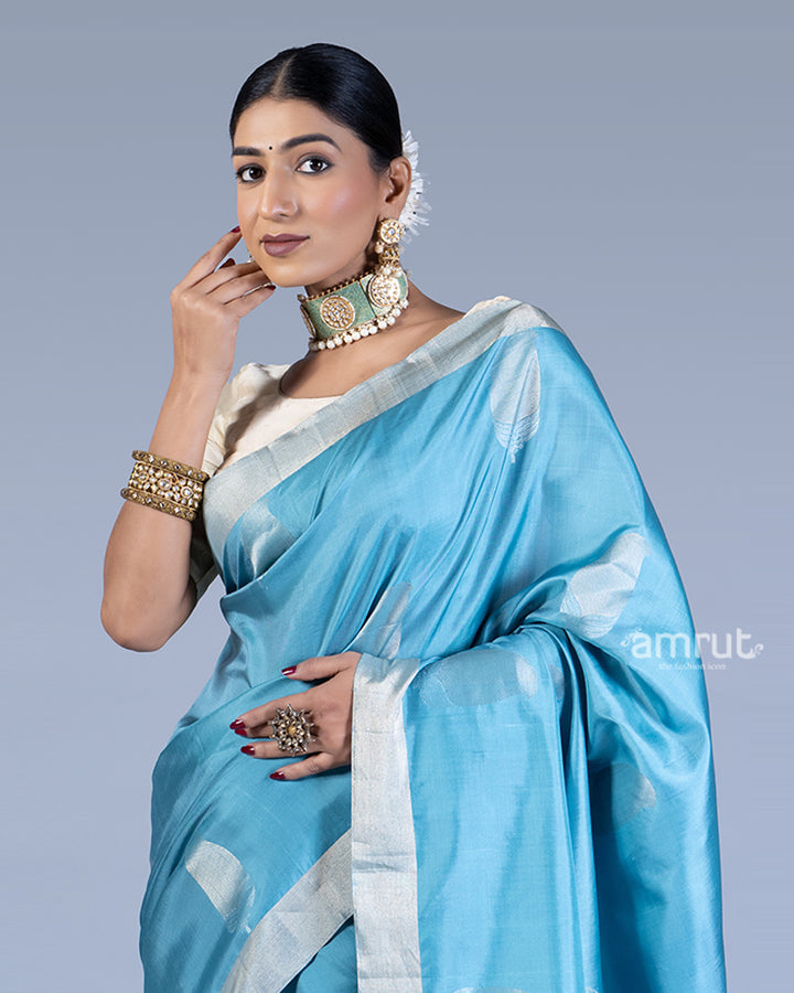 Blue with Silver Zari Woven Border and Floral Motifs Saree with Unstitched Blouse