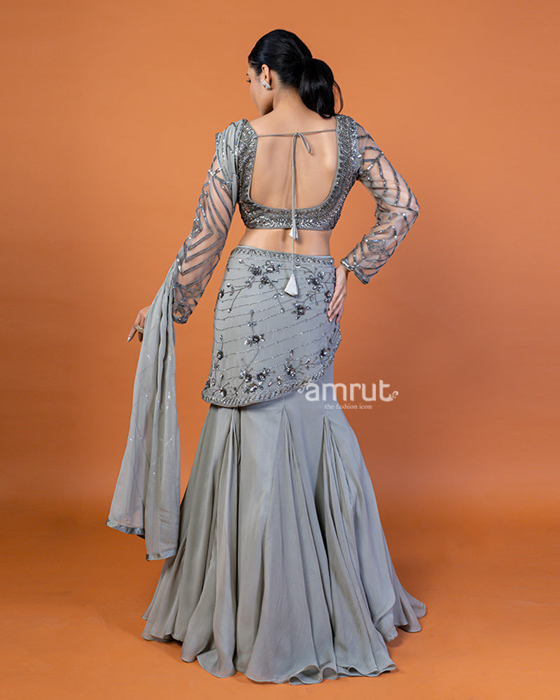 Ready-to-Wear Gray Saree Flared Mermaid with Silver Embellished Blouse