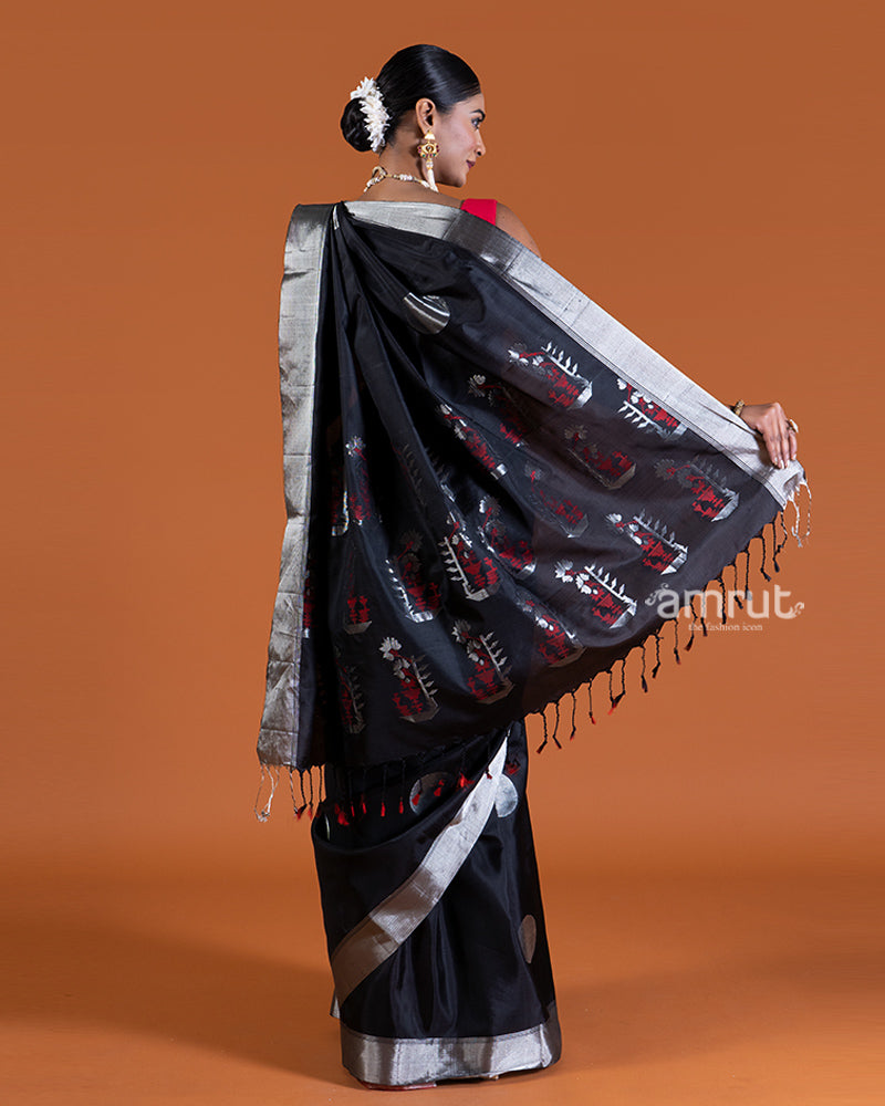 Black with Silver Borders Detailing Saree with Unstitched Blouse