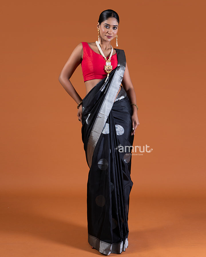 Black with Silver Borders Detailing Saree with Unstitched Blouse