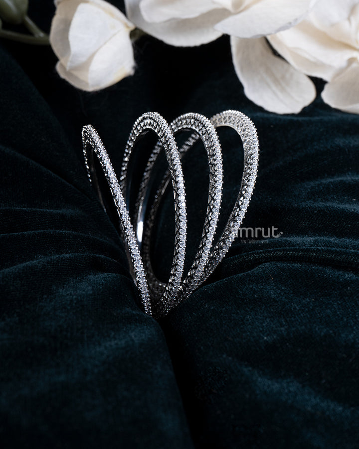 Diamond-Studded Silver Four Bangle Set