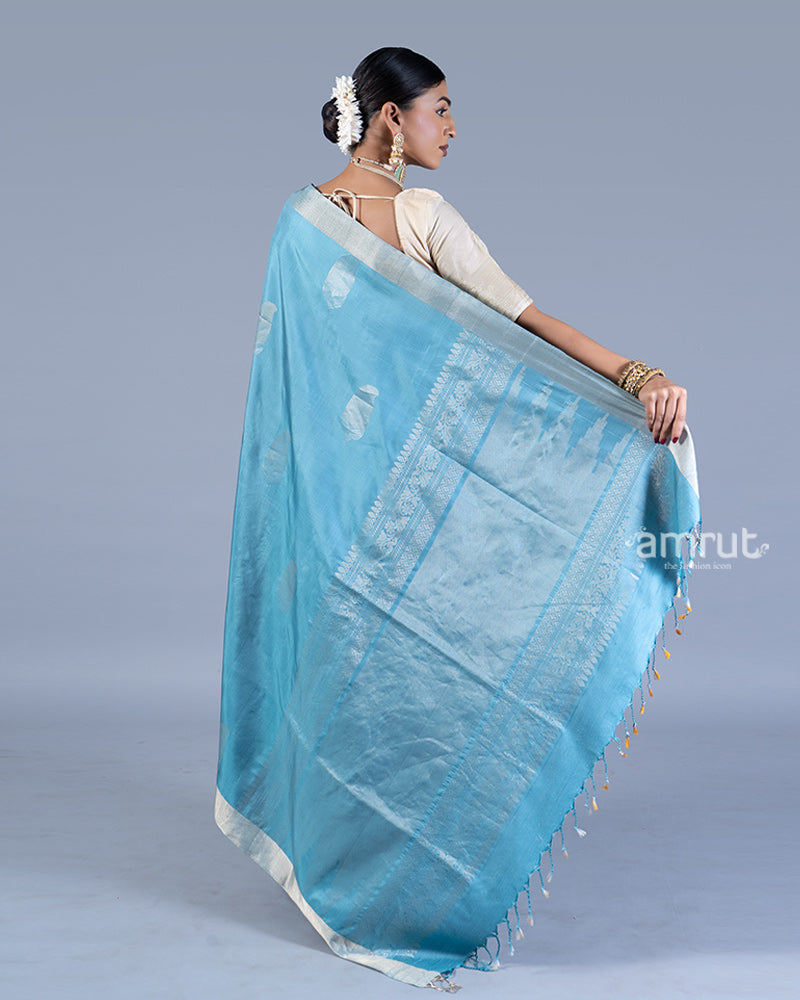 Blue with Silver Zari Woven Border and Floral Motifs Saree with Unstitched Blouse