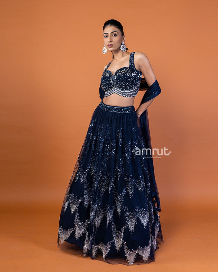 Navy Blue Silver Sequin Embellished Lehenga Choli with Dupatta