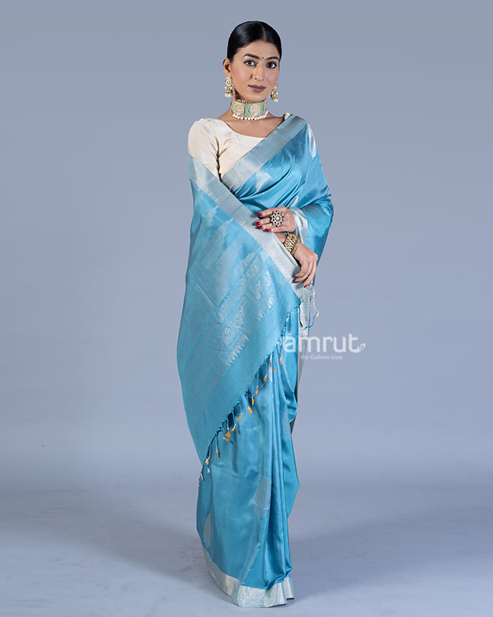 Blue with Silver Zari Woven Border and Floral Motifs Saree with Unstitched Blouse