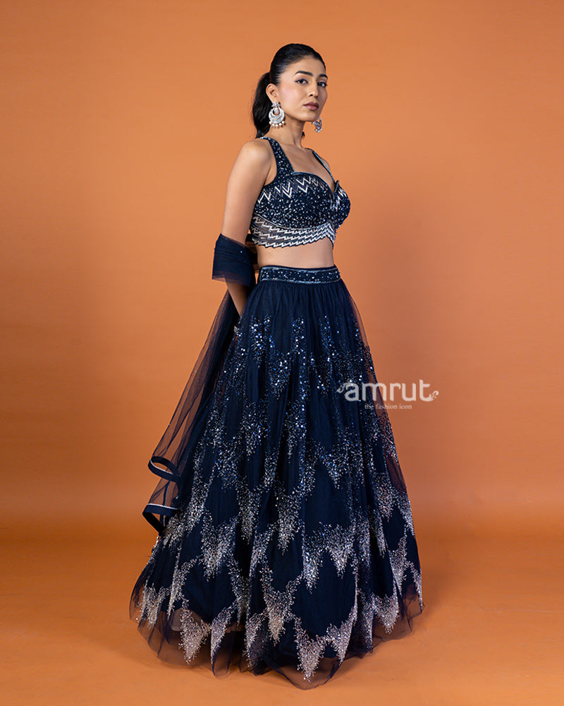 Navy Blue Silver Sequin Embellished Lehenga Choli with Dupatta