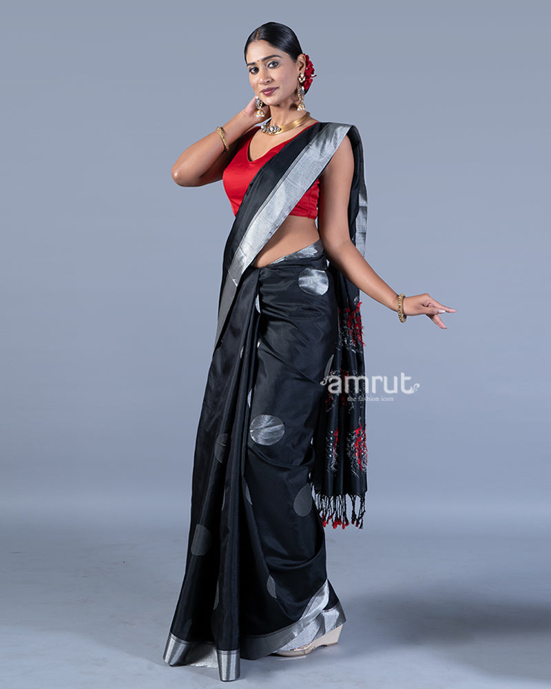 Black with Silver Zari Circular Motifs, Red Pallu Design Saree with Unstitched Blouse