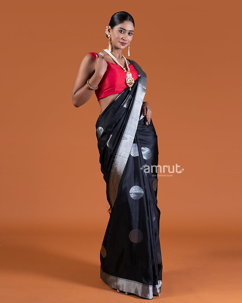 Black with Silver Borders Detailing Saree with Unstitched Blouse