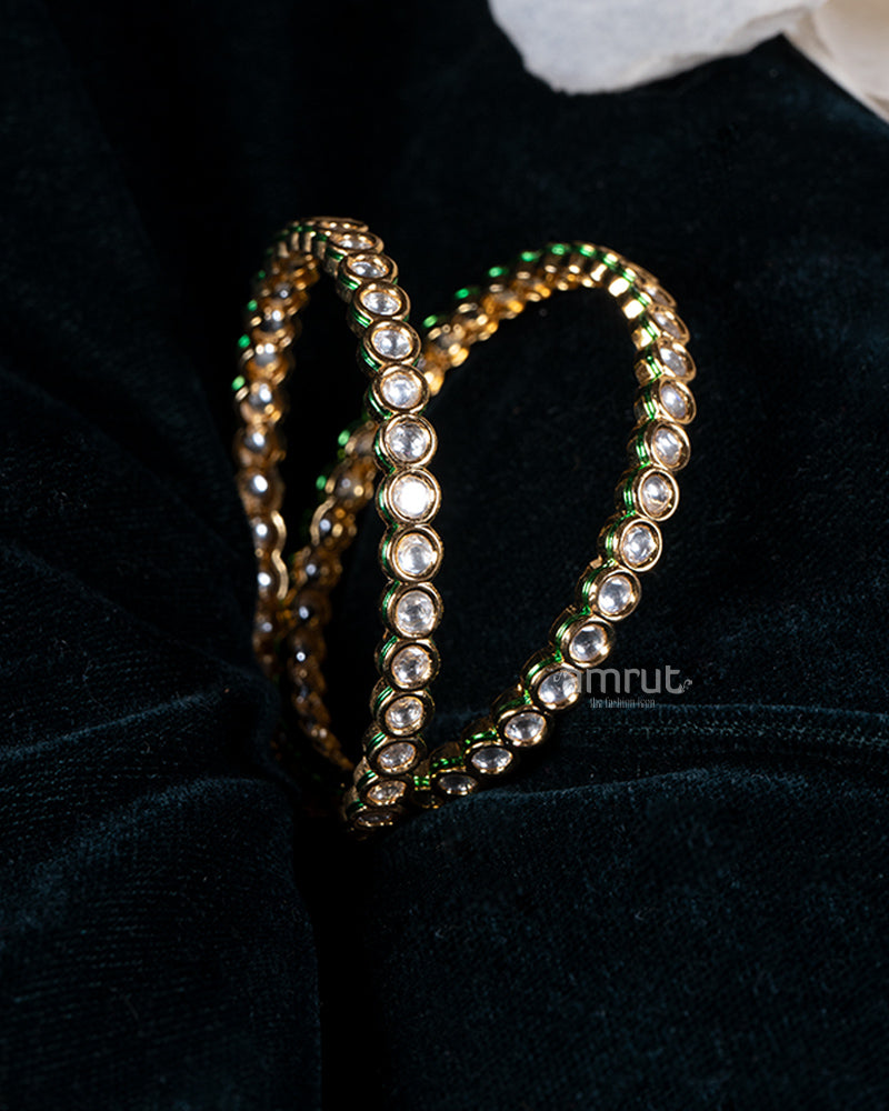 Kundan Polki with White and Green Stones Golden Bangle Set