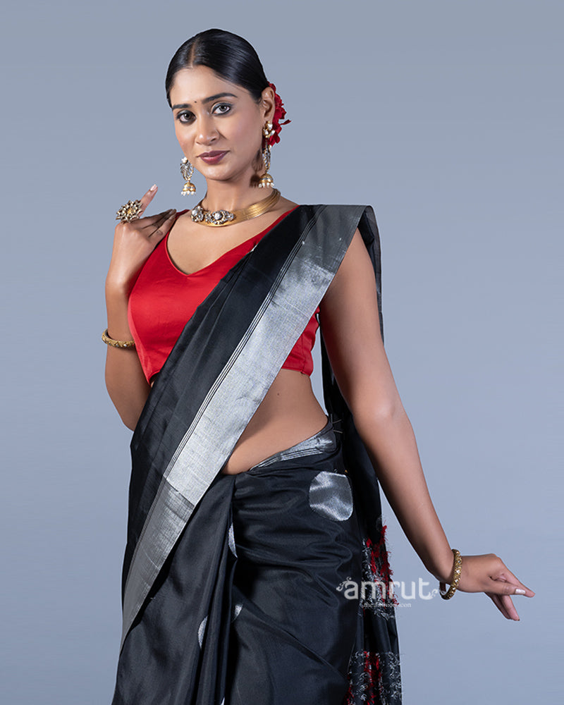 Black with Silver Zari Circular Motifs, Red Pallu Design Saree with Unstitched Blouse