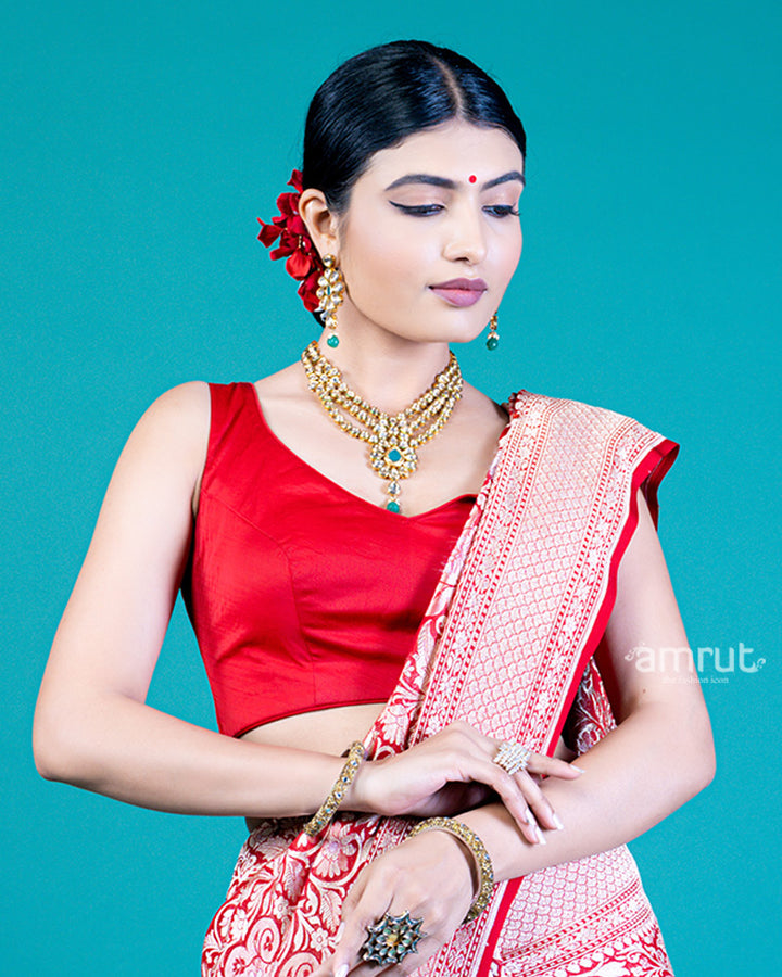 Red Floral Zari Embellishments Saree and Unstitched Blouse