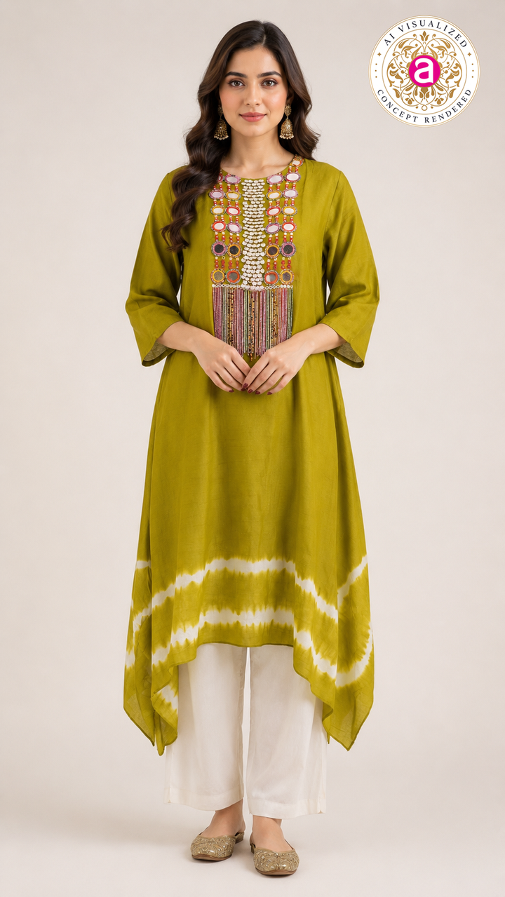 Olive Green Tie-Dye Handwork Kurti with Palazzo Set