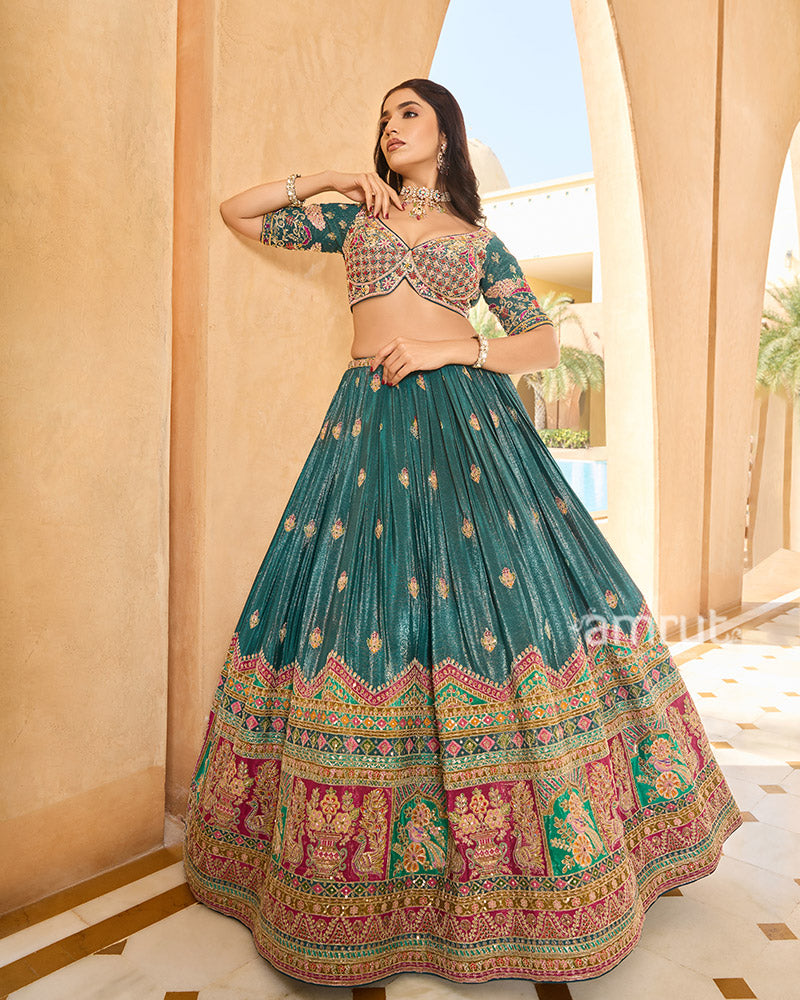 Teal Golden and Pink Embroidery Embellished Lehenga Choli with Matching Dupatta