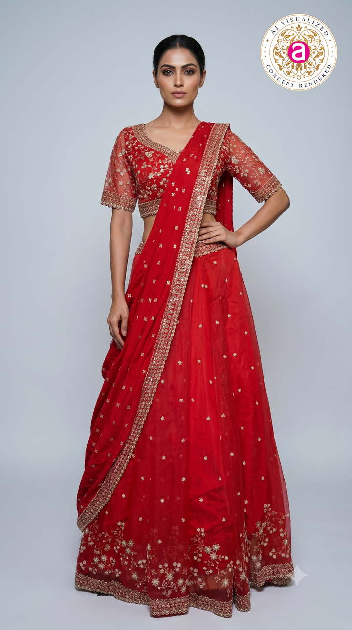 Ruby Red Embroidered Lehenga Choli Set with  Dupatta