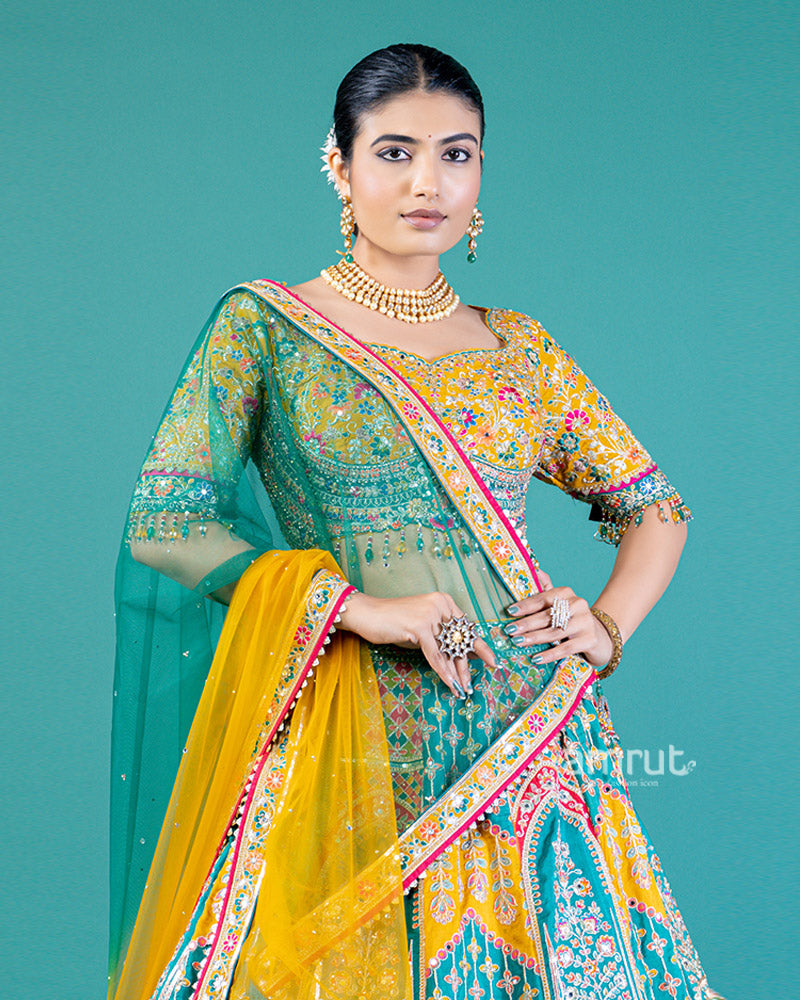 Teal Green and Mustard Yellow Embroidered Lehenga Choli with Yellow Dupatta