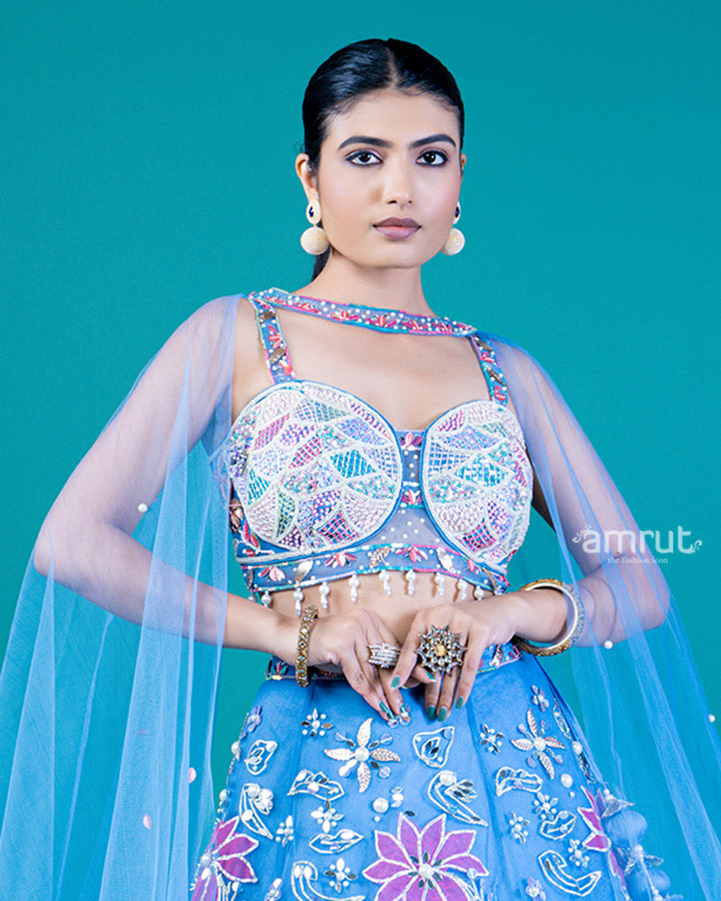 Embellished Blue Koi Lehenga Choli with Floral Embroidery and Attached Dupatta