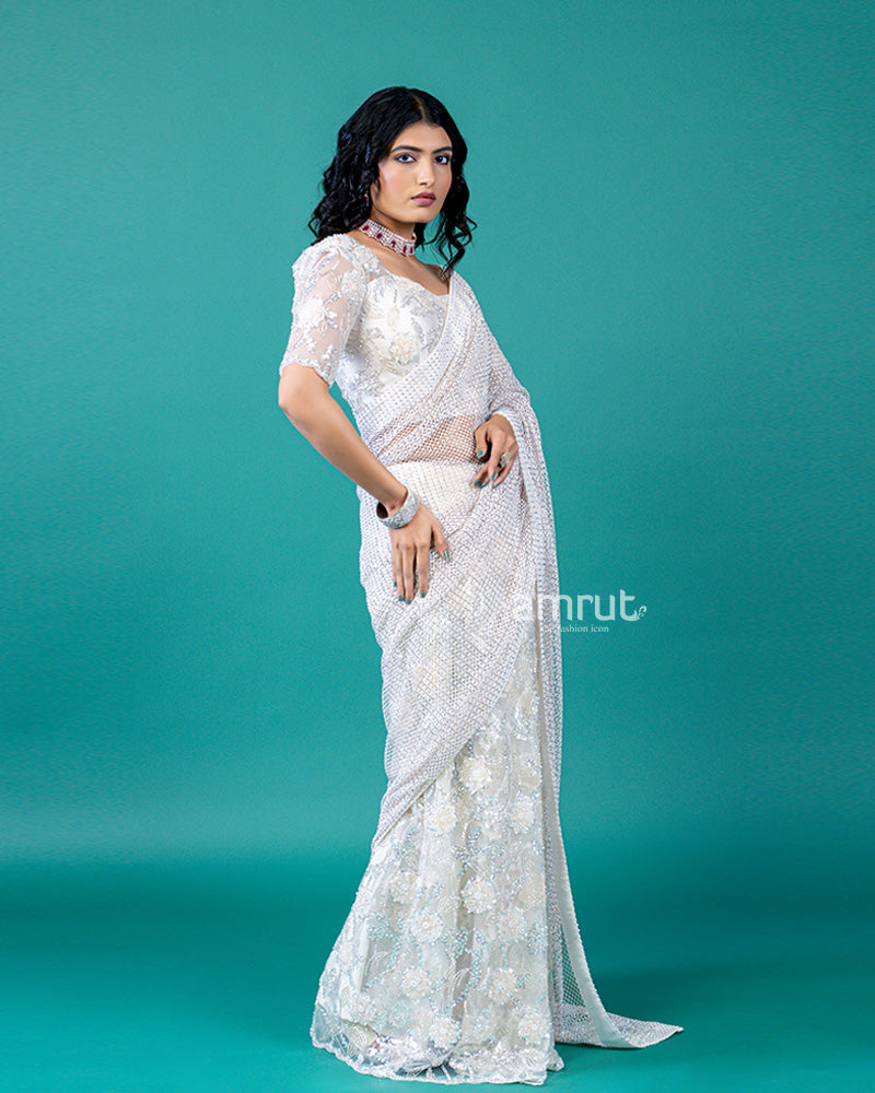 White Saree with Intricate Embroidery, Sequin, and Bead Work