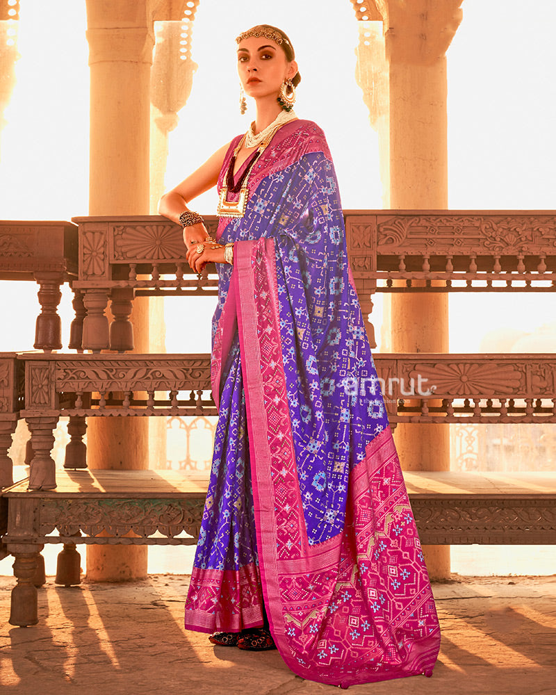 Purple Ikat Printed and Pink Contrast Border Patola Silk Saree with Unstitched Blouse