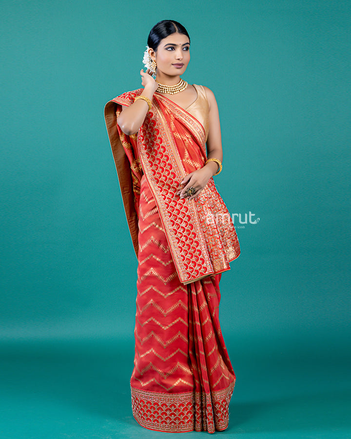 Red Silk Saree with Gota Patti Embellishments and Unstitched Blouse