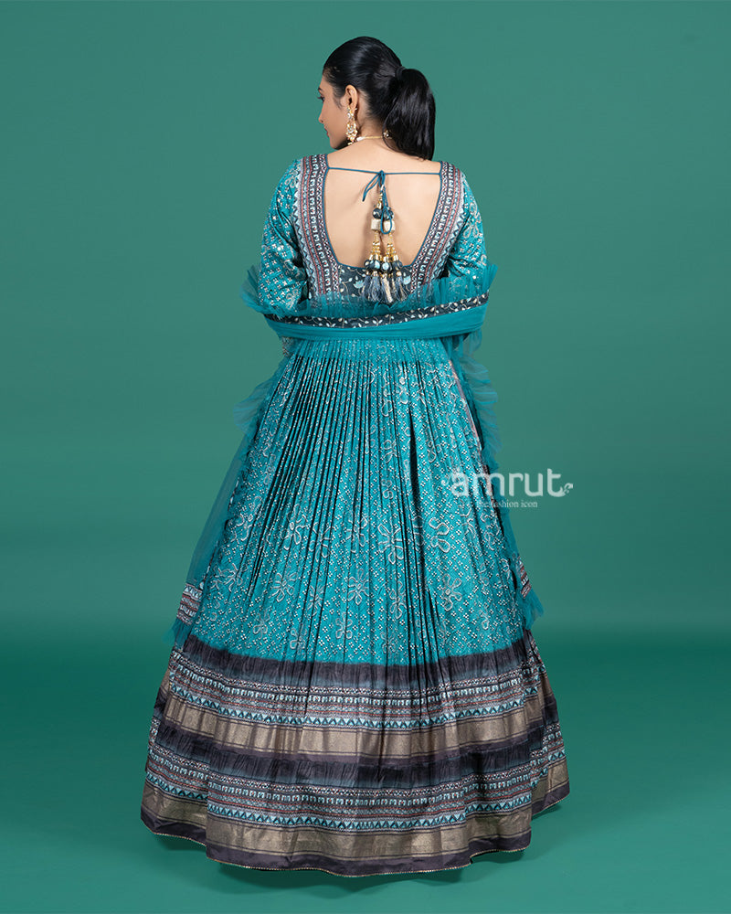 Teal Blue Embroidered Festive Gown with Zari Border and Dupatta