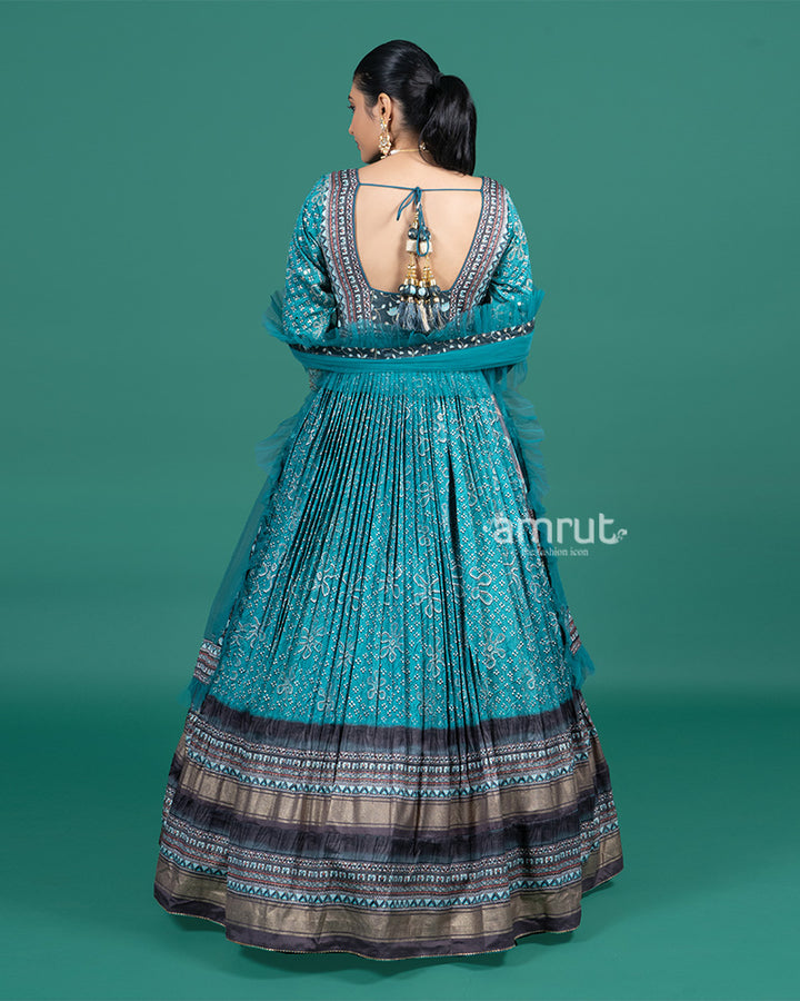 Teal Blue Embroidered Festive Gown with Zari Border and Dupatta
