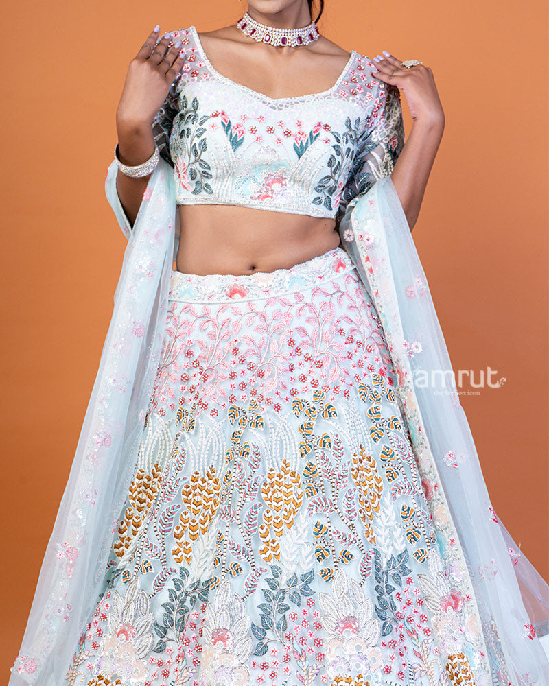 White and Powder Blue Embroidered Lehenga Choli Set with Dupatta