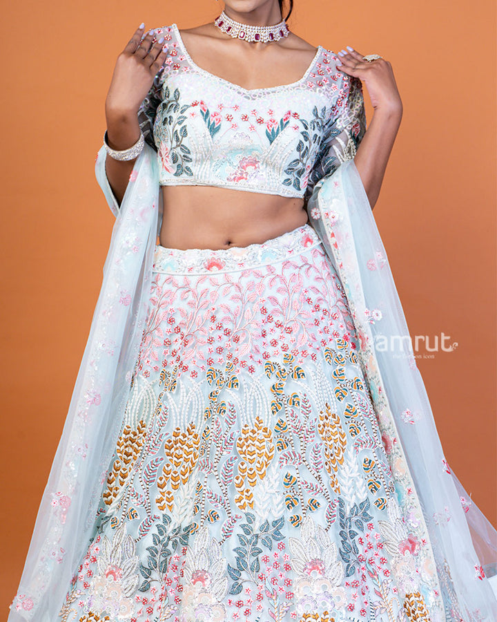 White and Powder Blue Embroidered Lehenga Choli Set with Dupatta