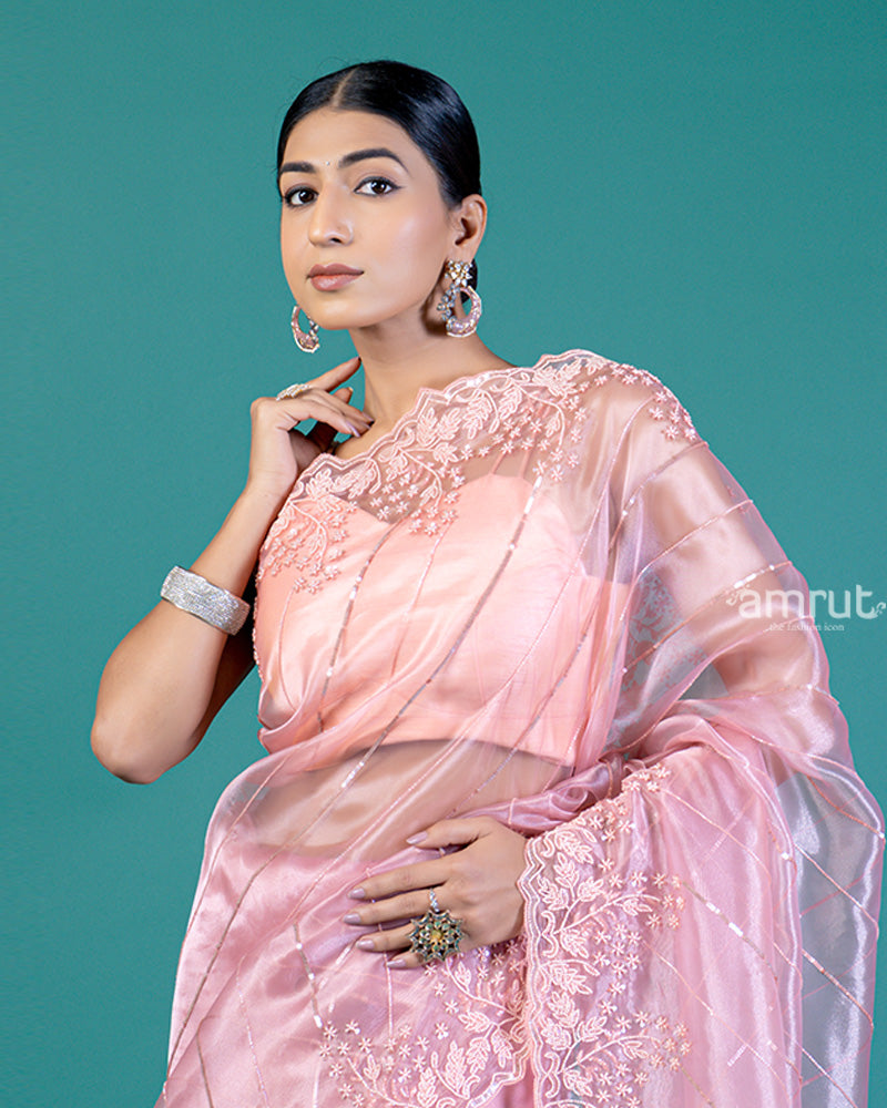 Pastel Pink Designer Organza Saree with Bead Embroidery, Sequin Stripes & Unstitched