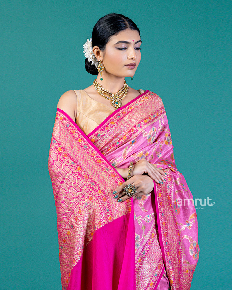 Pink Zari Embroidered Saree with Unstitched Blouse