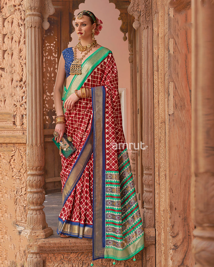 Red Zari Woven Patola Silk Saree with Unstitched Blouse