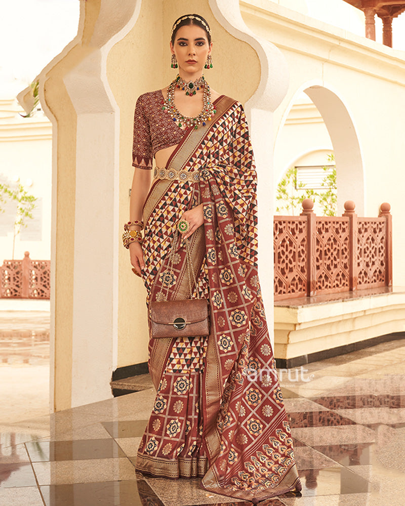 Brown & Cream Geometric Printed Embellished Zari Border Silk Saree with Unstitched Blouse