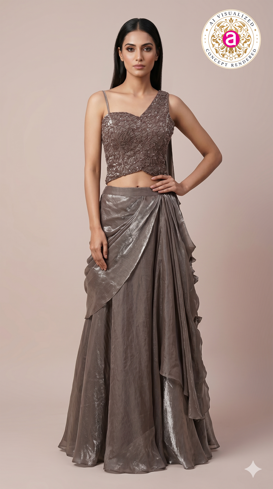 Metallic Taupe Embellished Drape Lehenga Set