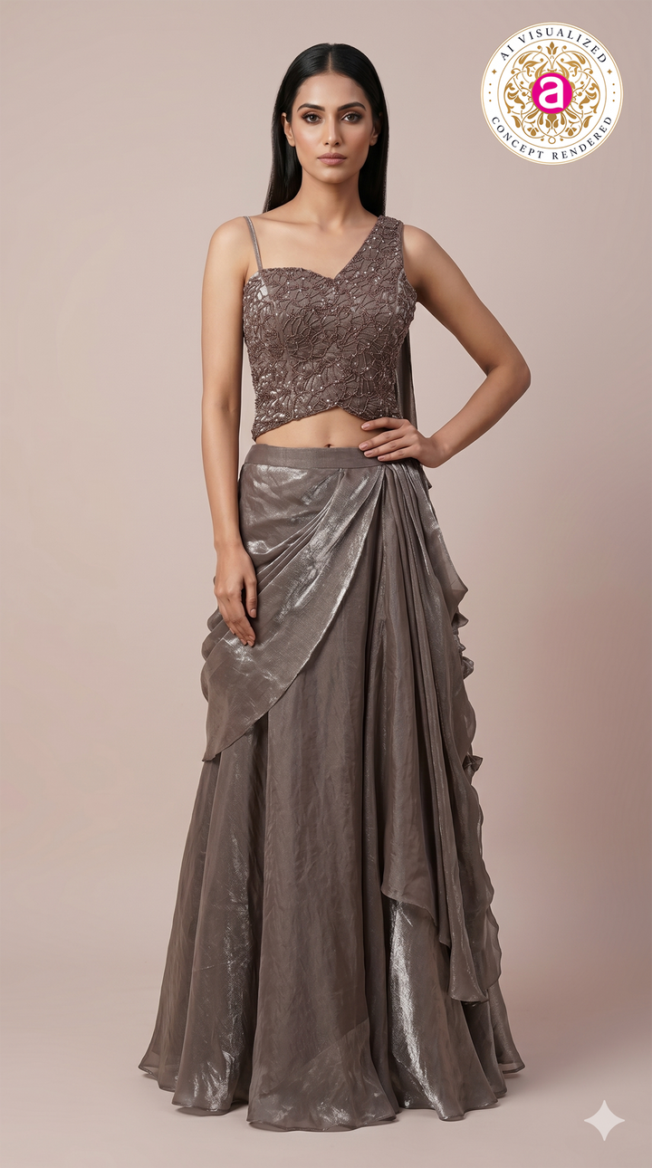 Metallic Taupe Embellished Drape Lehenga Set
