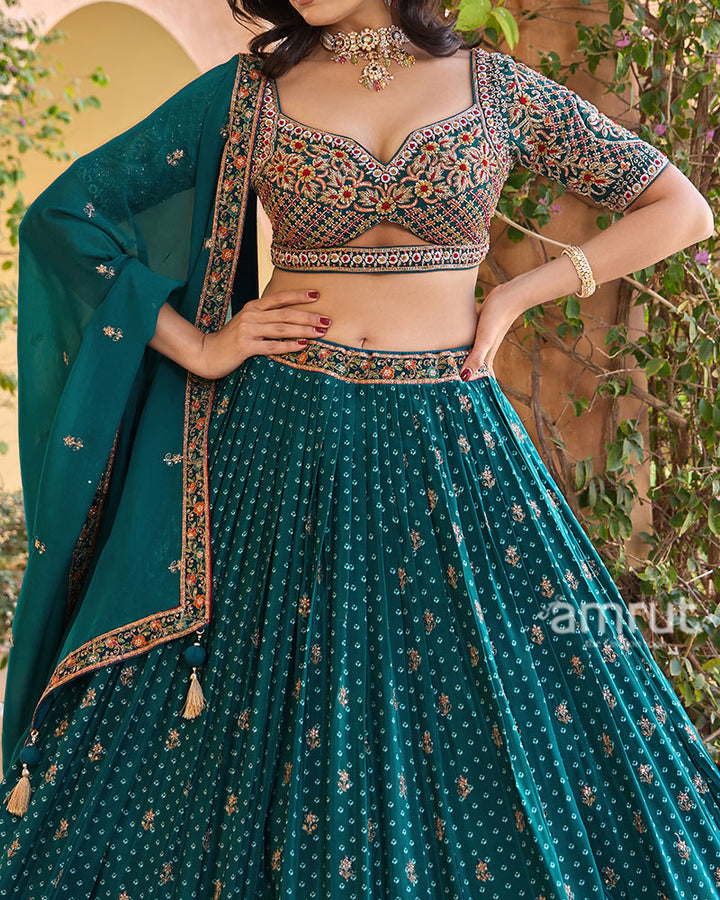 Teal Sequins Embroidered Lehenga Choli with Matching Dupatta