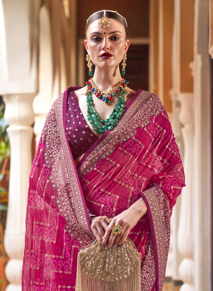 Royal Rani Pink Leheriya Pattern Georgette Designer Saree