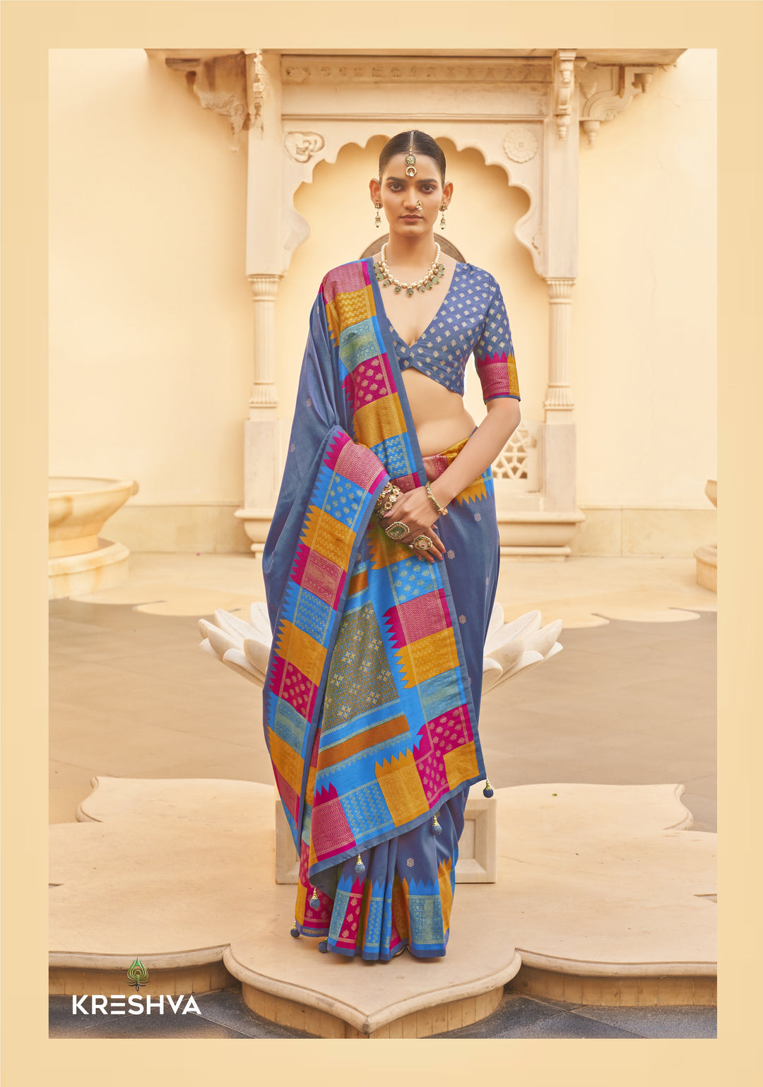 Steel Blue Designer Silk Saree with Multicolor Contrast Zari Border
